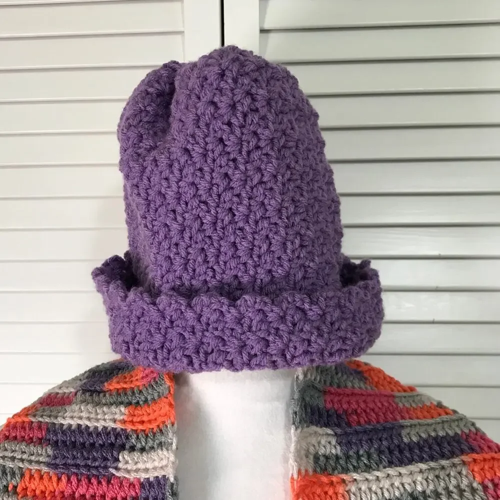 NWT Handmade Crocheted Purple Multicolor Textured Beanie Scarf 84” - Picture 3 of 3